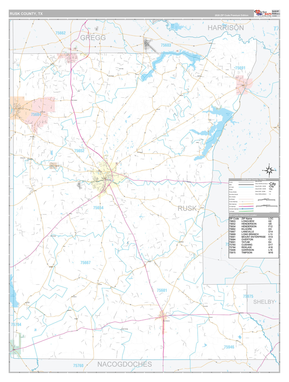 Rusk County, TX Premium Style Wall Map