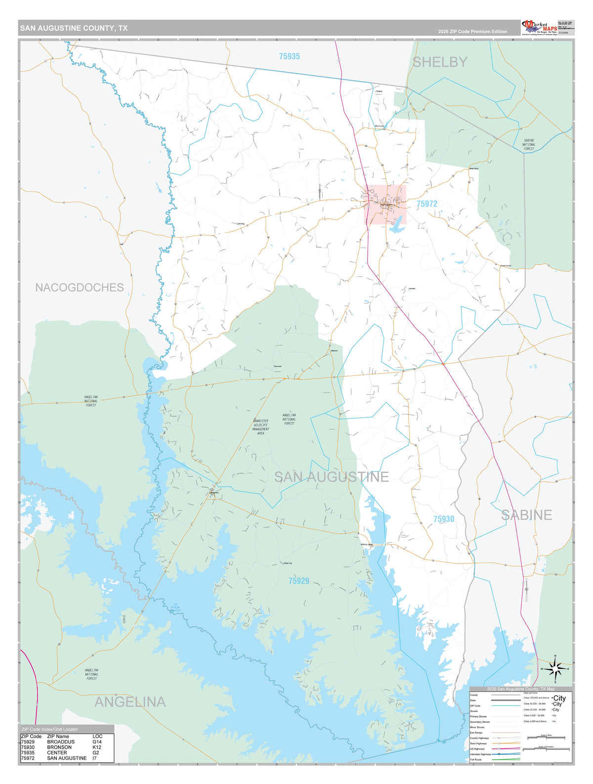 San Augustine County, TX Premium Style Wall Map