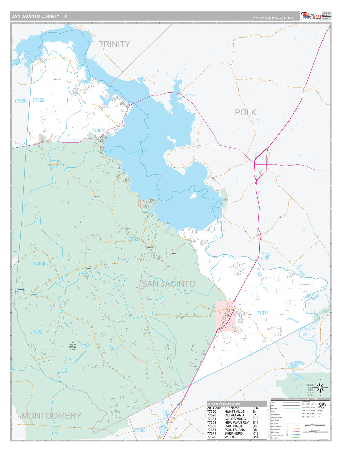 San Jacinto County, TX Premium Style Wall Map