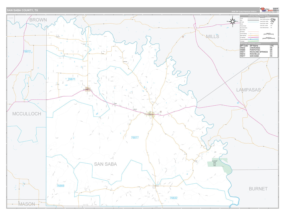 San Saba County, TX Premium Style Wall Map