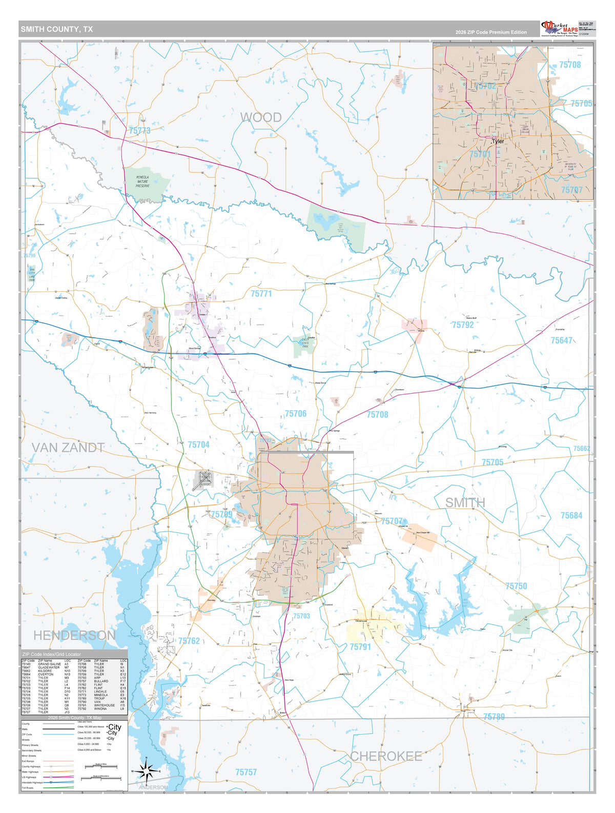 Smith County, TX Premium Style Wall Map