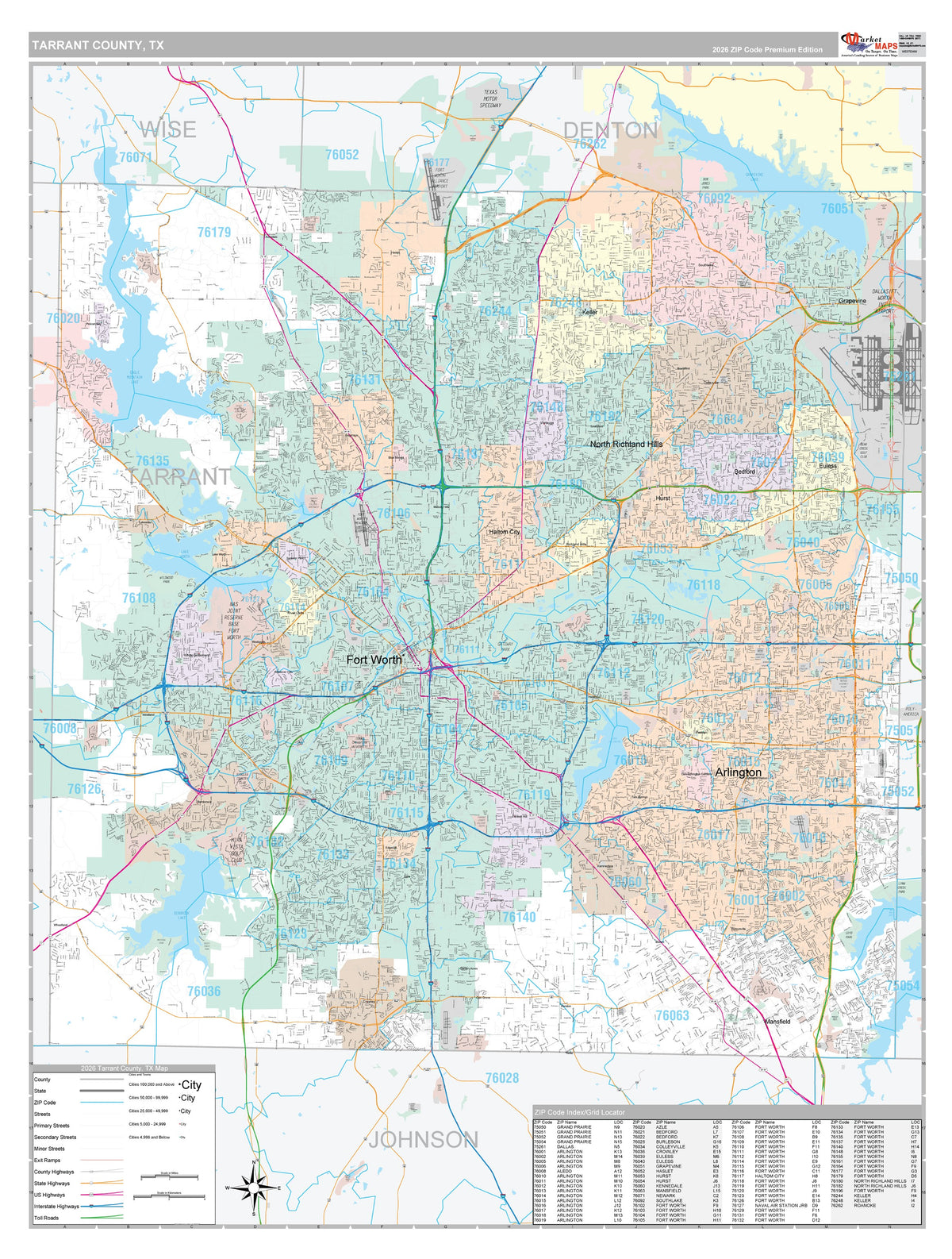 Tarrant County, TX Premium Style Wall Map