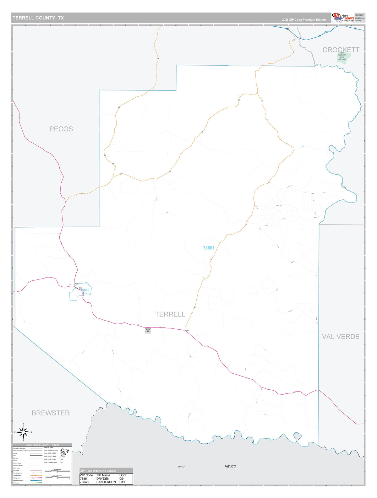 Terrell County, TX Premium Style Wall Map