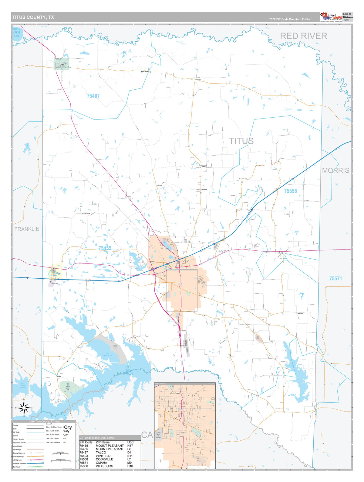 Titus County, TX Premium Style Wall Map
