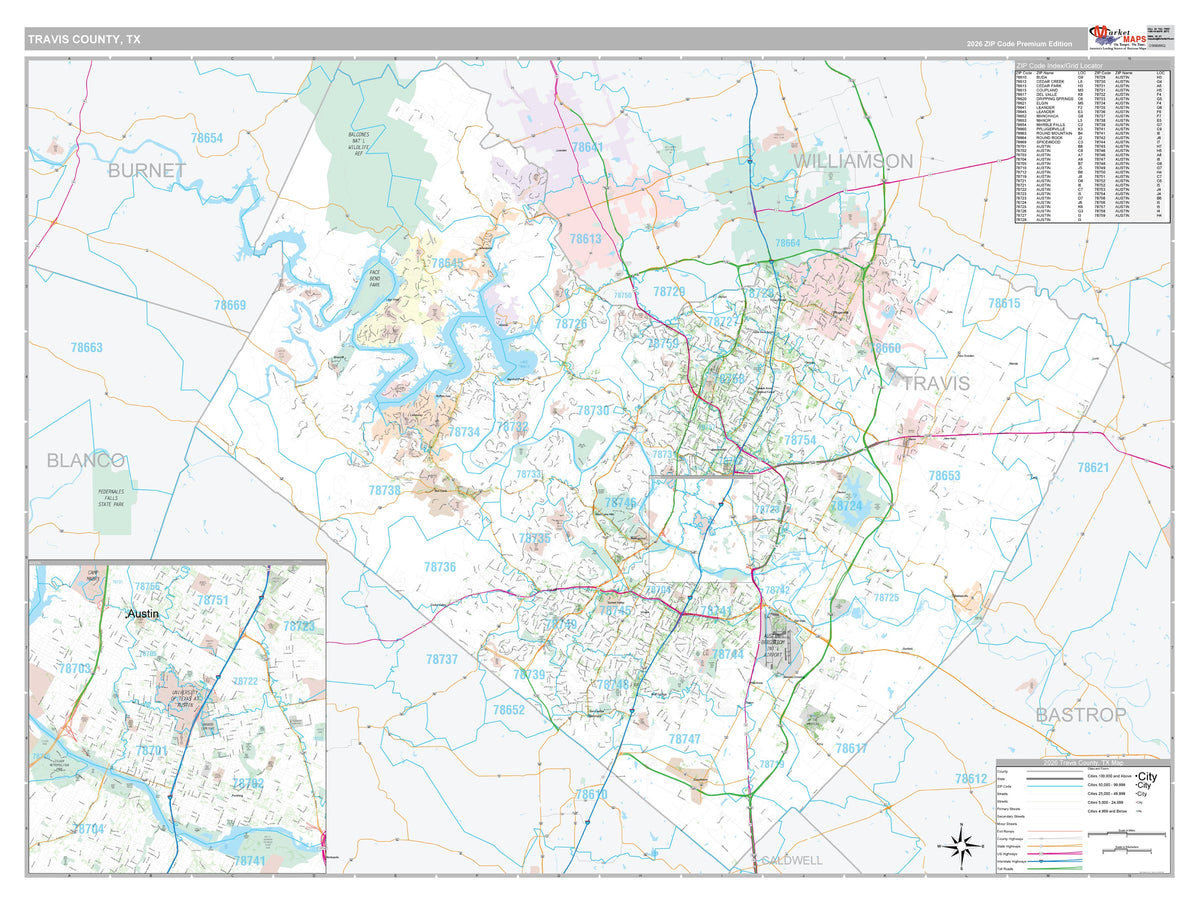 Travis County, TX Premium Style Wall Map