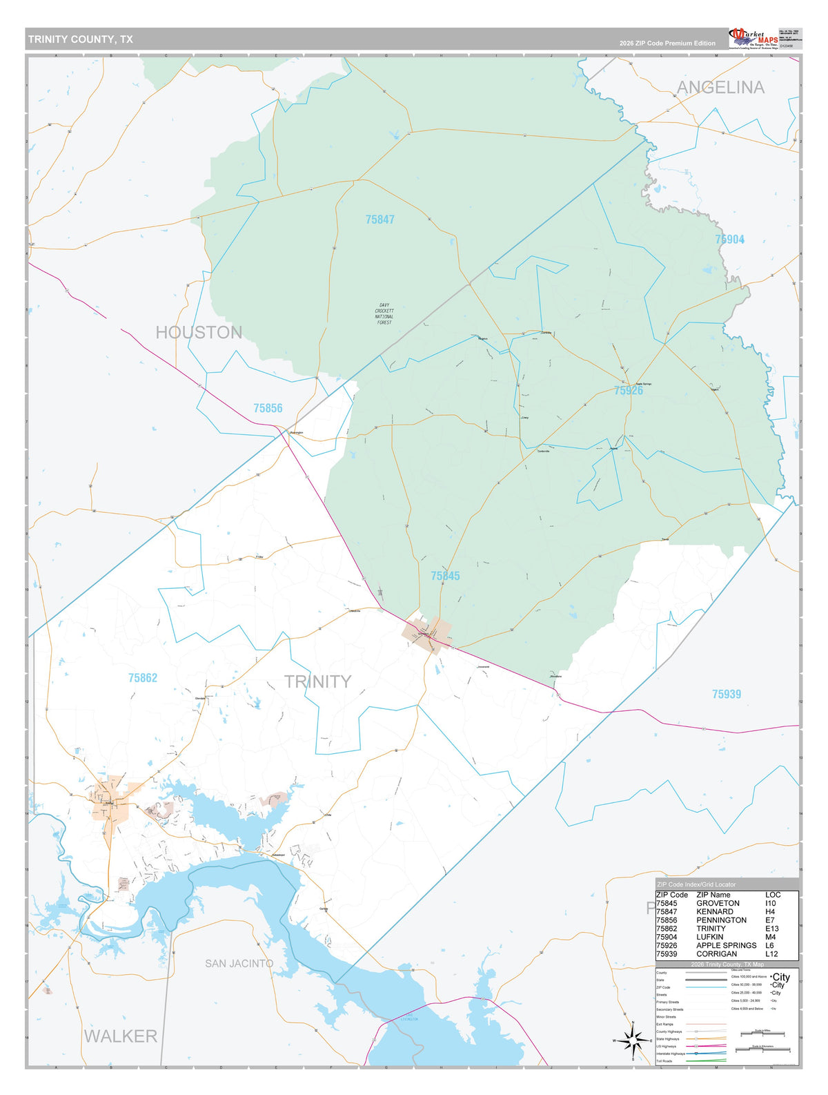 Trinity County, TX Premium Style Wall Map