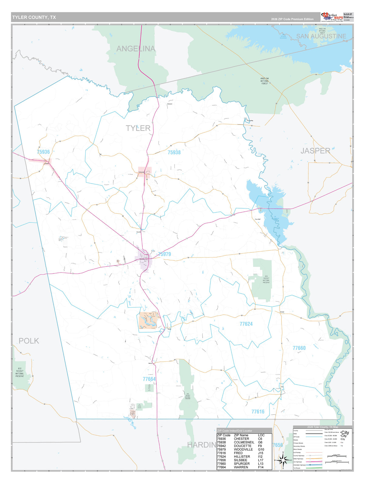 Tyler County, TX Premium Style Wall Map
