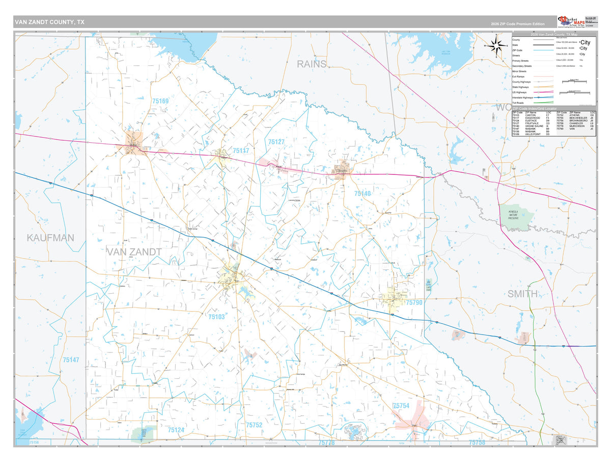 Van Zandt County, TX Premium Style Wall Map
