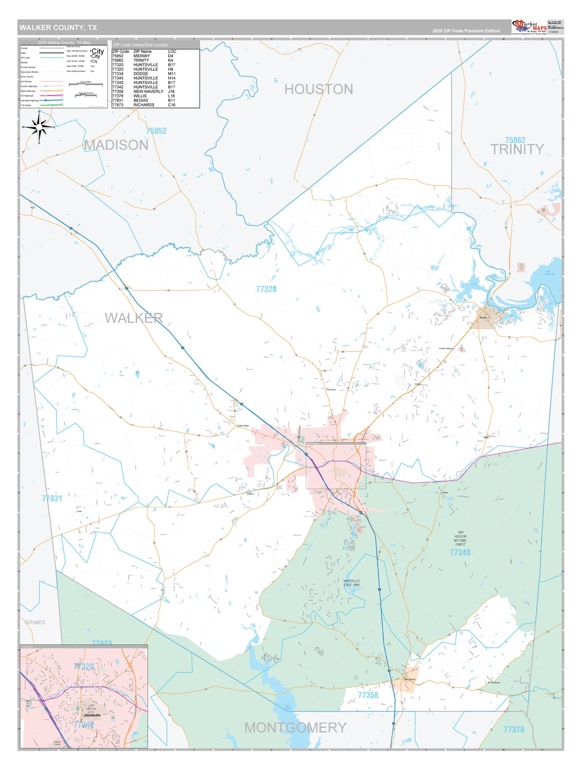Walker County, TX Premium Style Wall Map