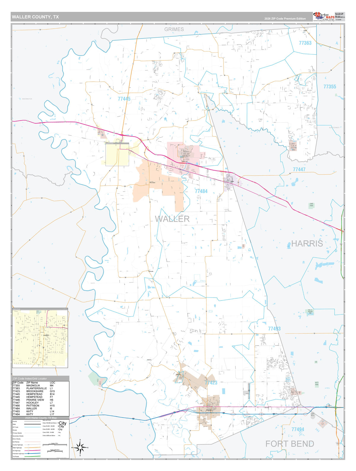 Waller County, TX Premium Style Wall Map
