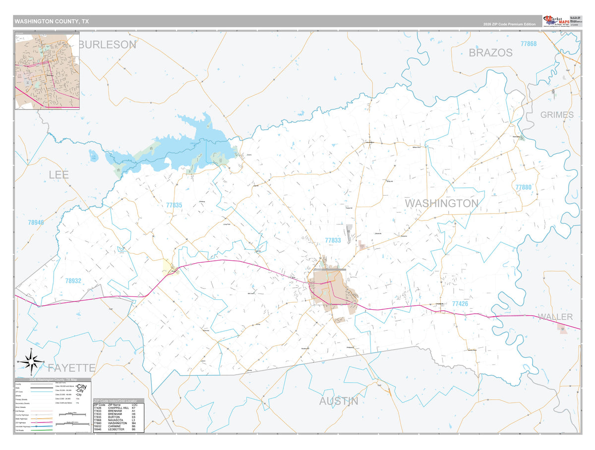 Washington County, TX Premium Style Wall Map