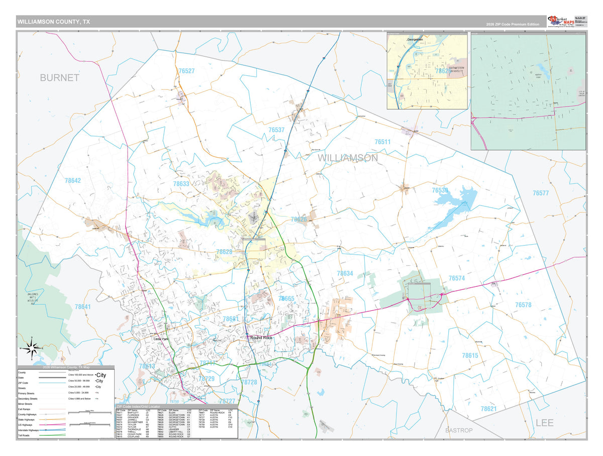 Williamson County, TX Premium Style Wall Map
