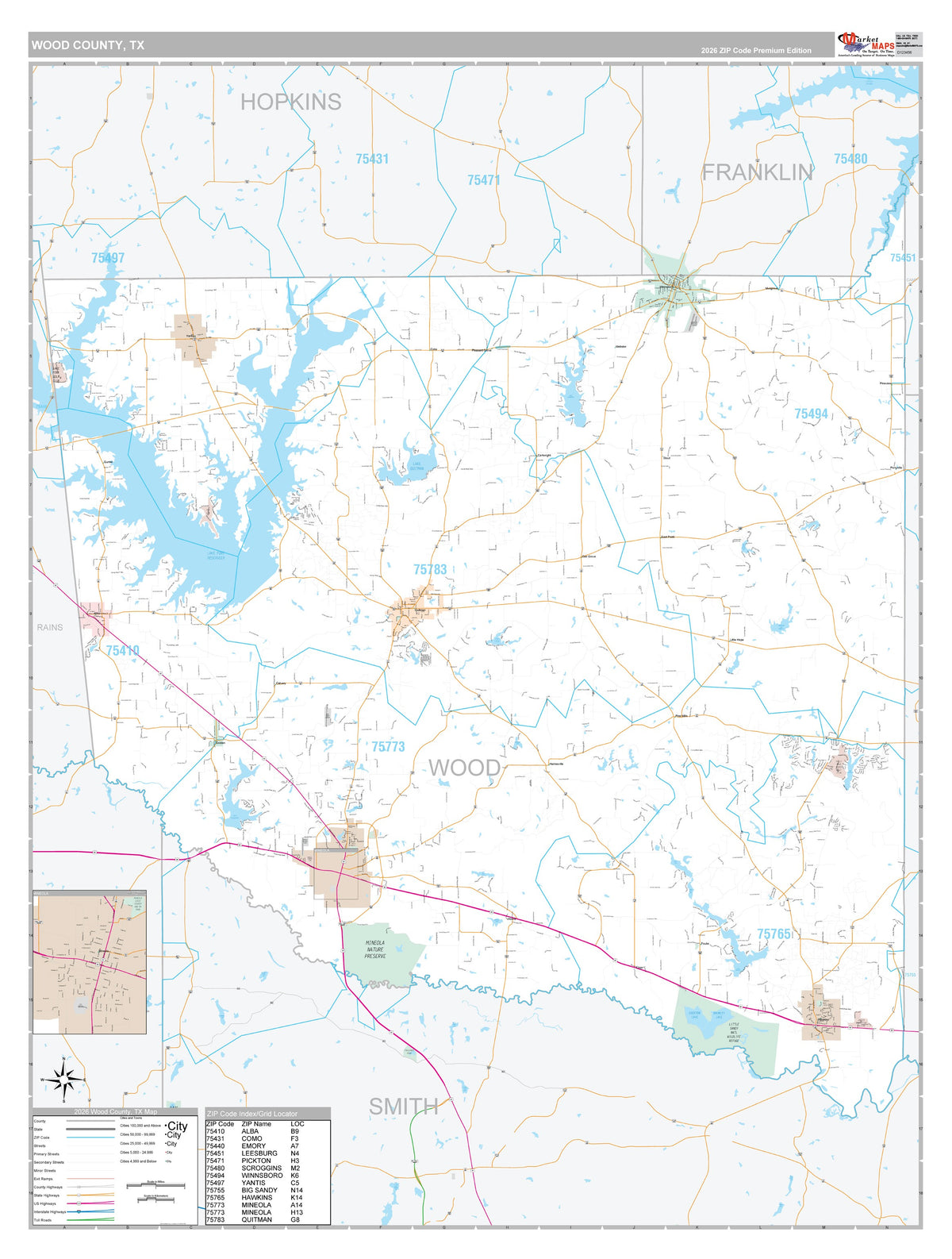 Wood County, TX Premium Style Wall Map