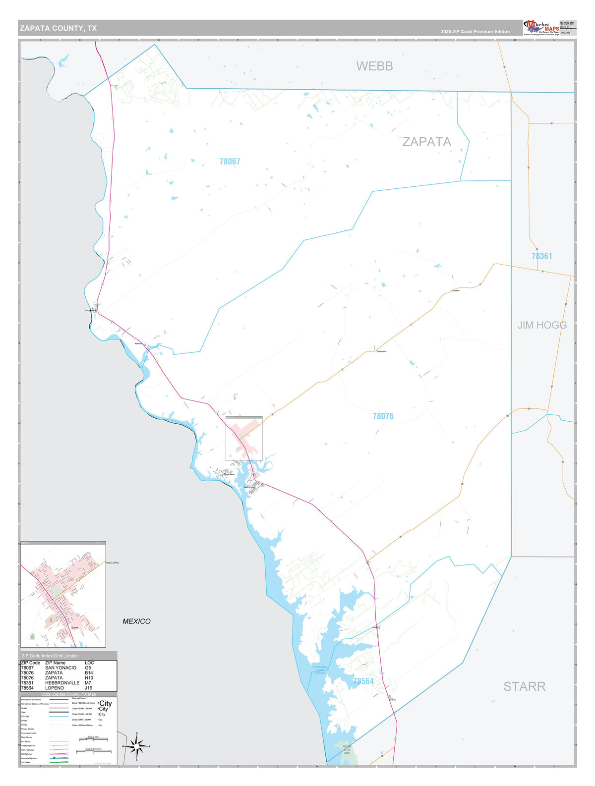 Zapata County, TX Premium Style Wall Map