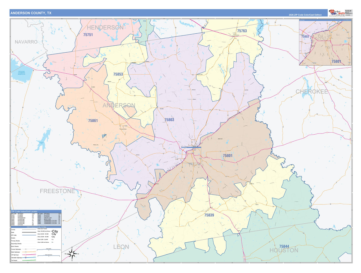 Anderson County, TX Colorcast Style Wall Map