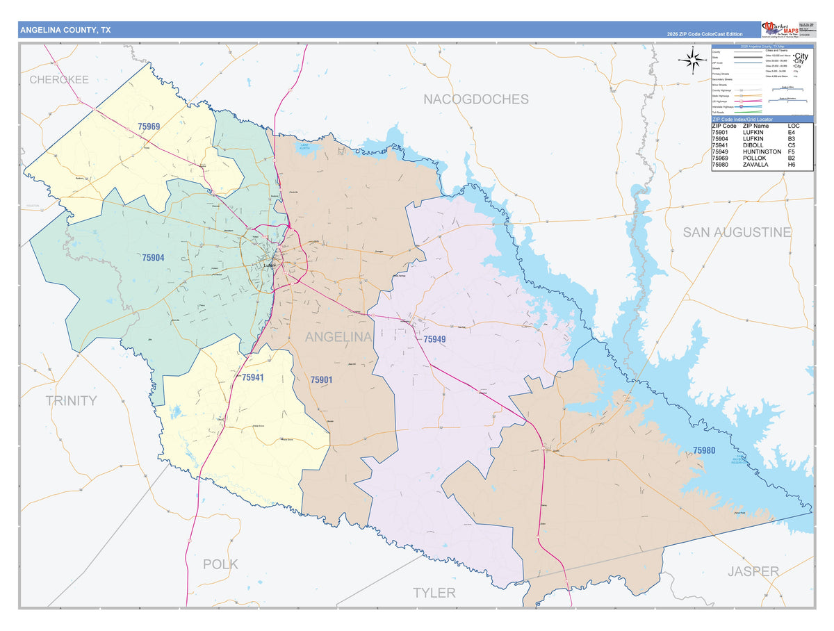 Angelina County, TX Colorcast Style Wall Map