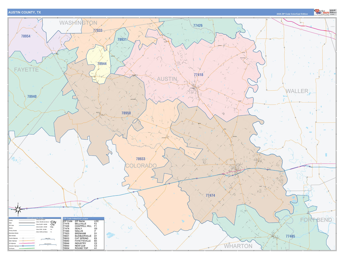 Austin County, TX Colorcast Style Wall Map