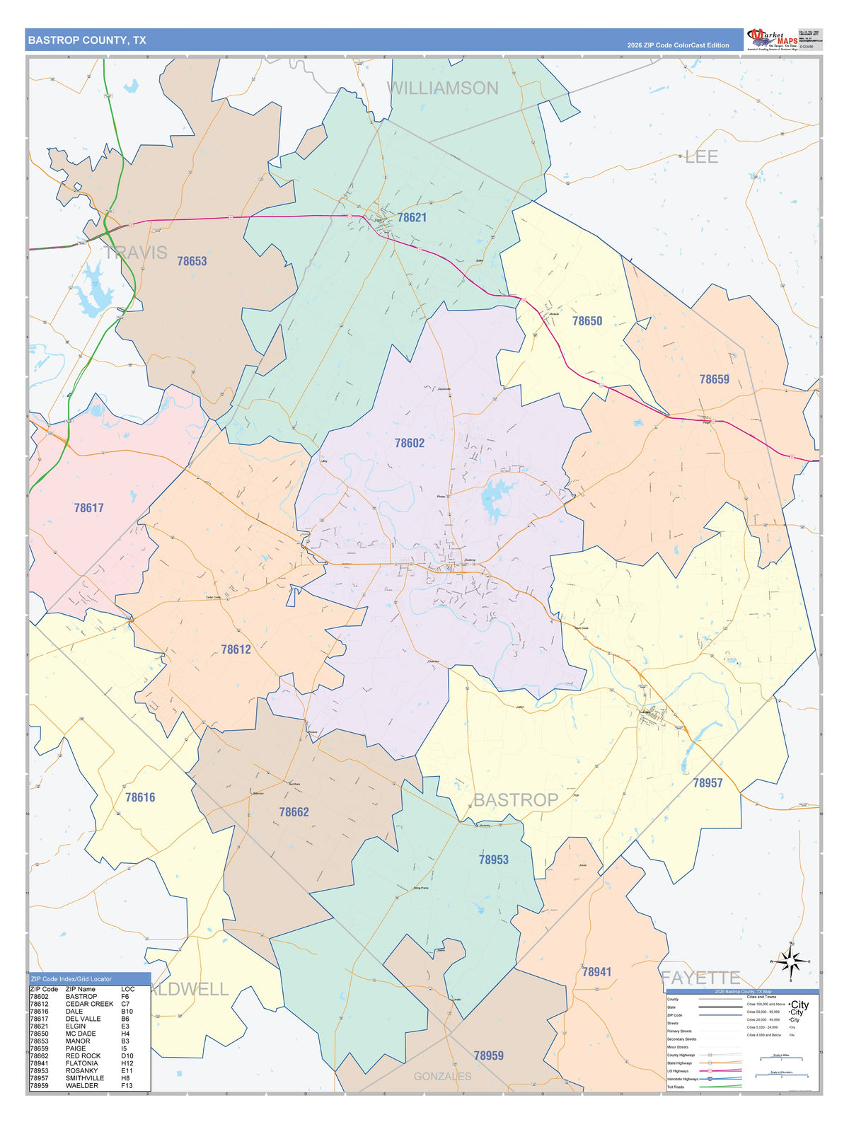 Bastrop County, TX Colorcast Style Wall Map