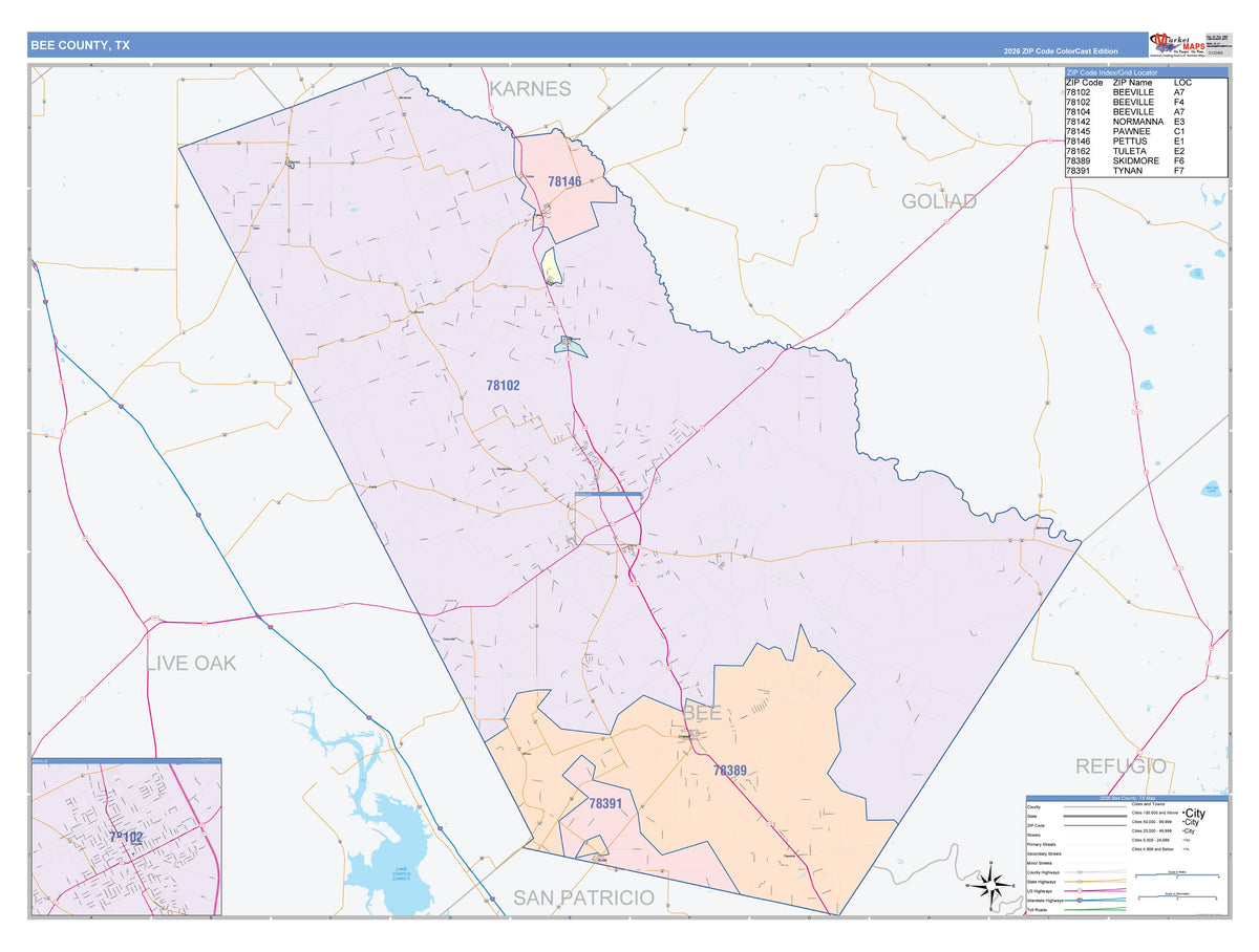 Bee County, TX Colorcast Style Wall Map