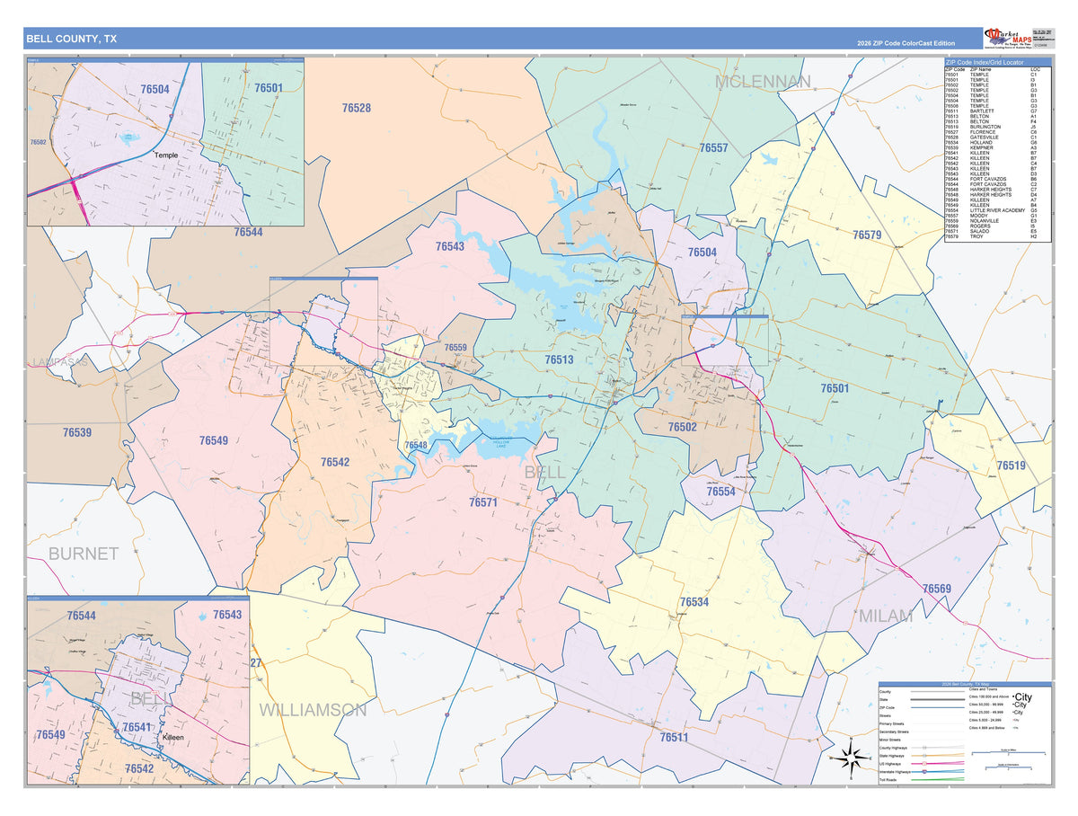 Bell County, TX Colorcast Style Wall Map