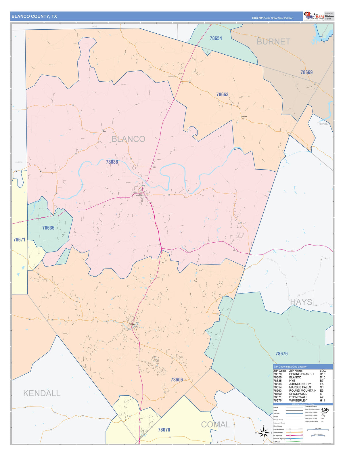 Blanco County, TX Colorcast Style Wall Map