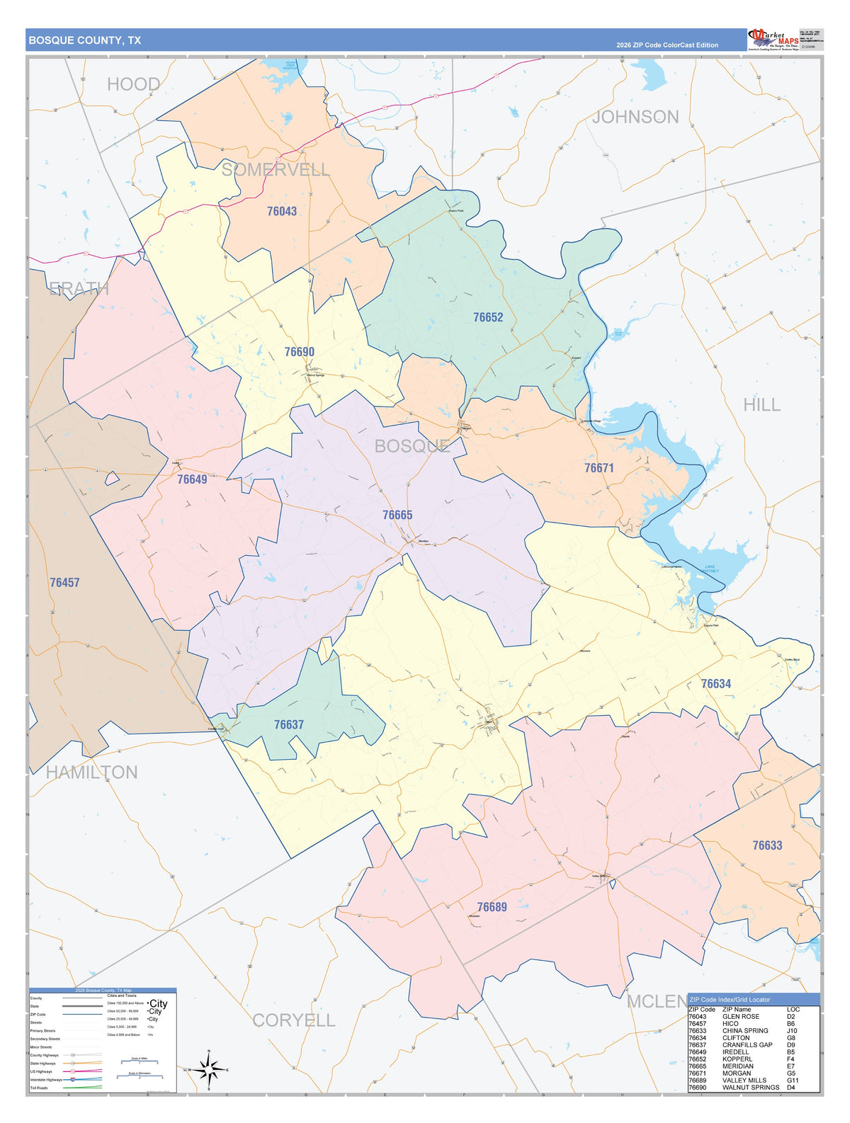 Bosque County, TX Colorcast Style Wall Map