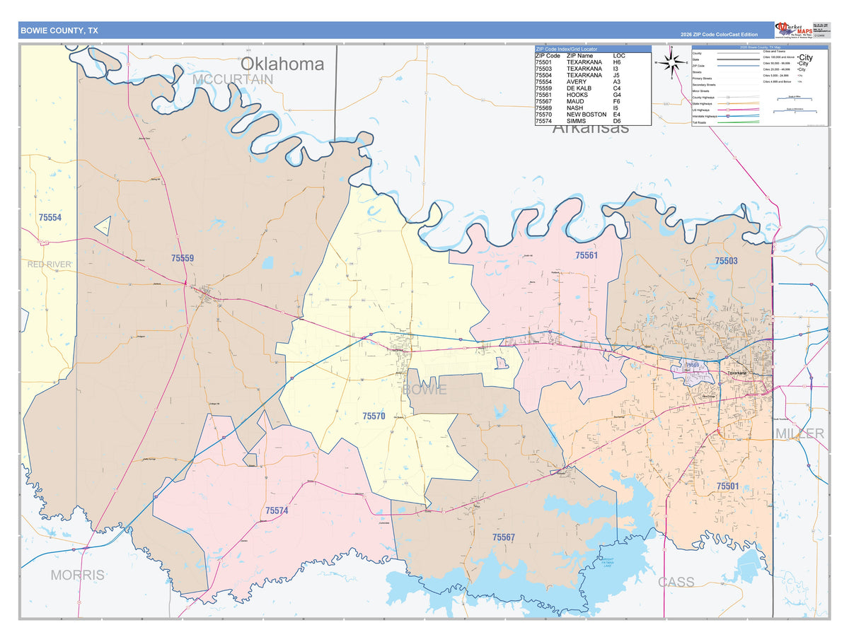 Bowie County, TX Colorcast Style Wall Map