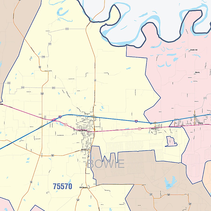 Bowie County, TX Colorcast Style Wall Map