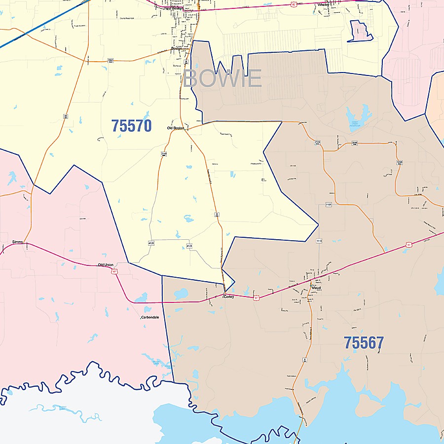Bowie County, TX Colorcast Style Wall Map