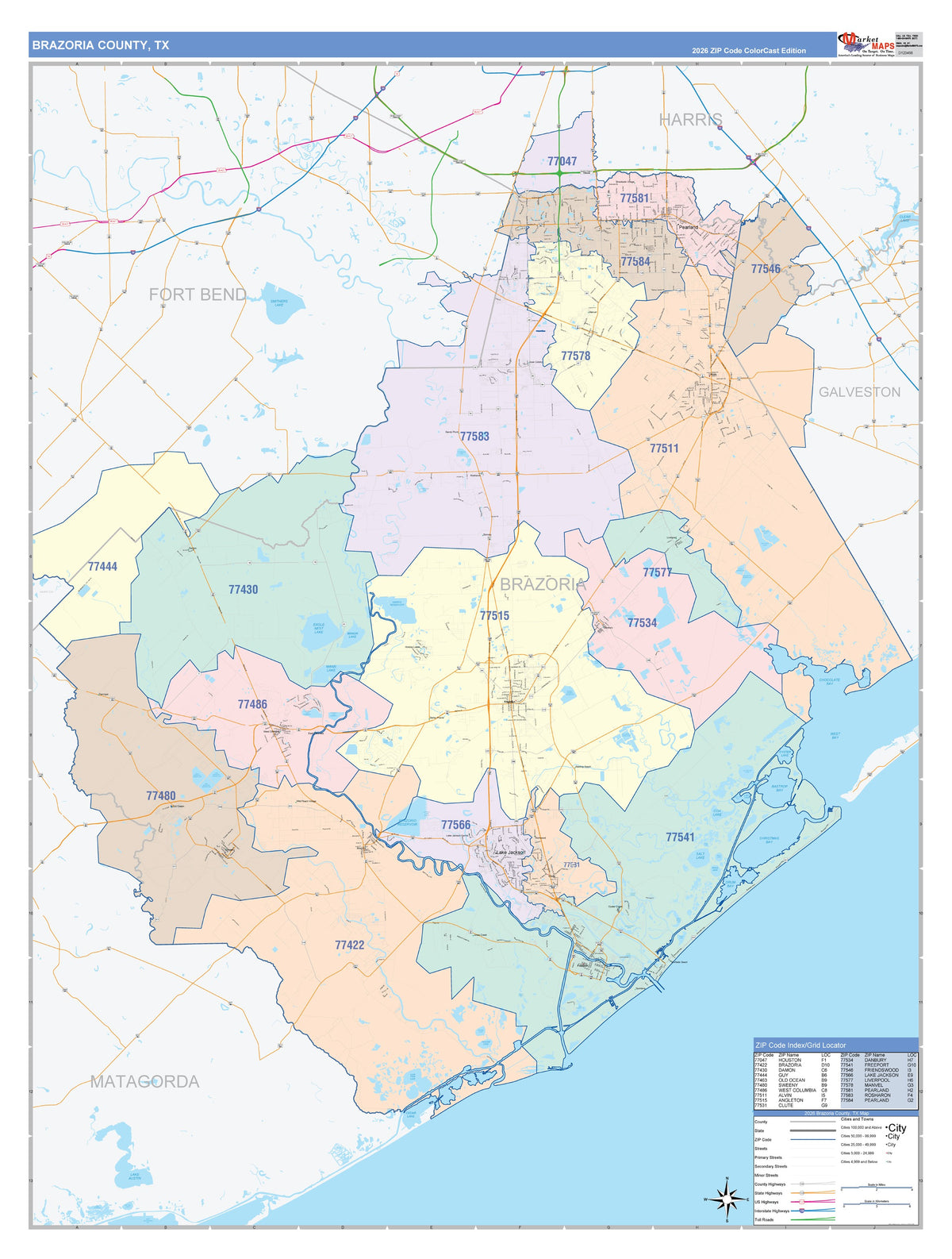 Brazoria County, TX Colorcast Style Wall Map