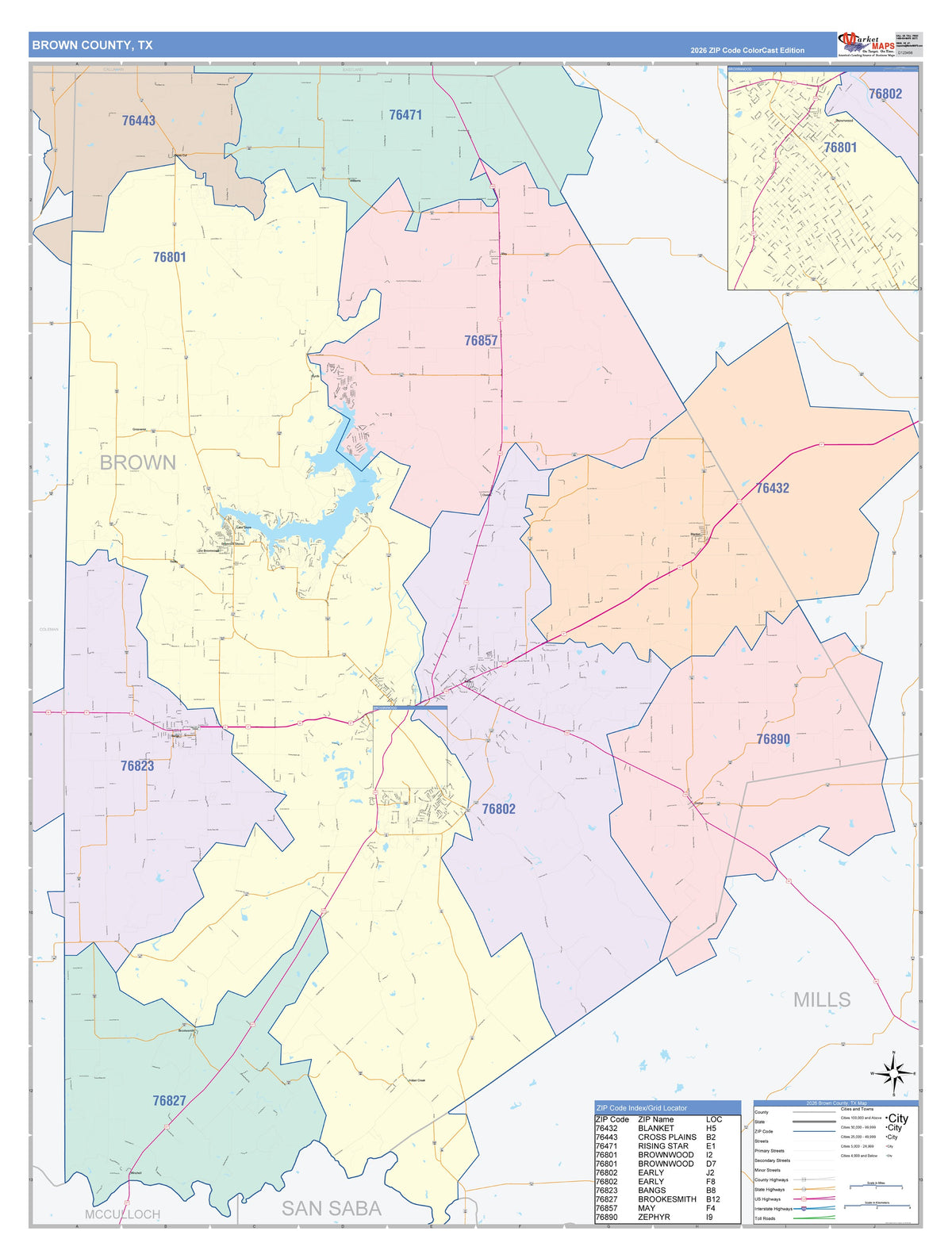 Brown County, TX Colorcast Style Wall Map
