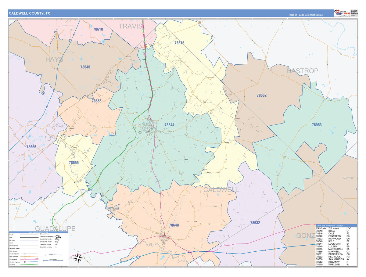 Caldwell County, TX Colorcast Style Wall Map
