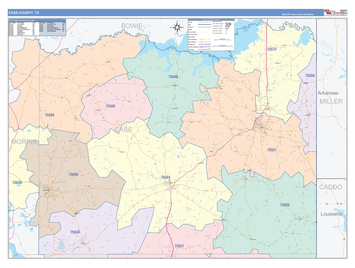 Cass County, TX Colorcast Style Wall Map
