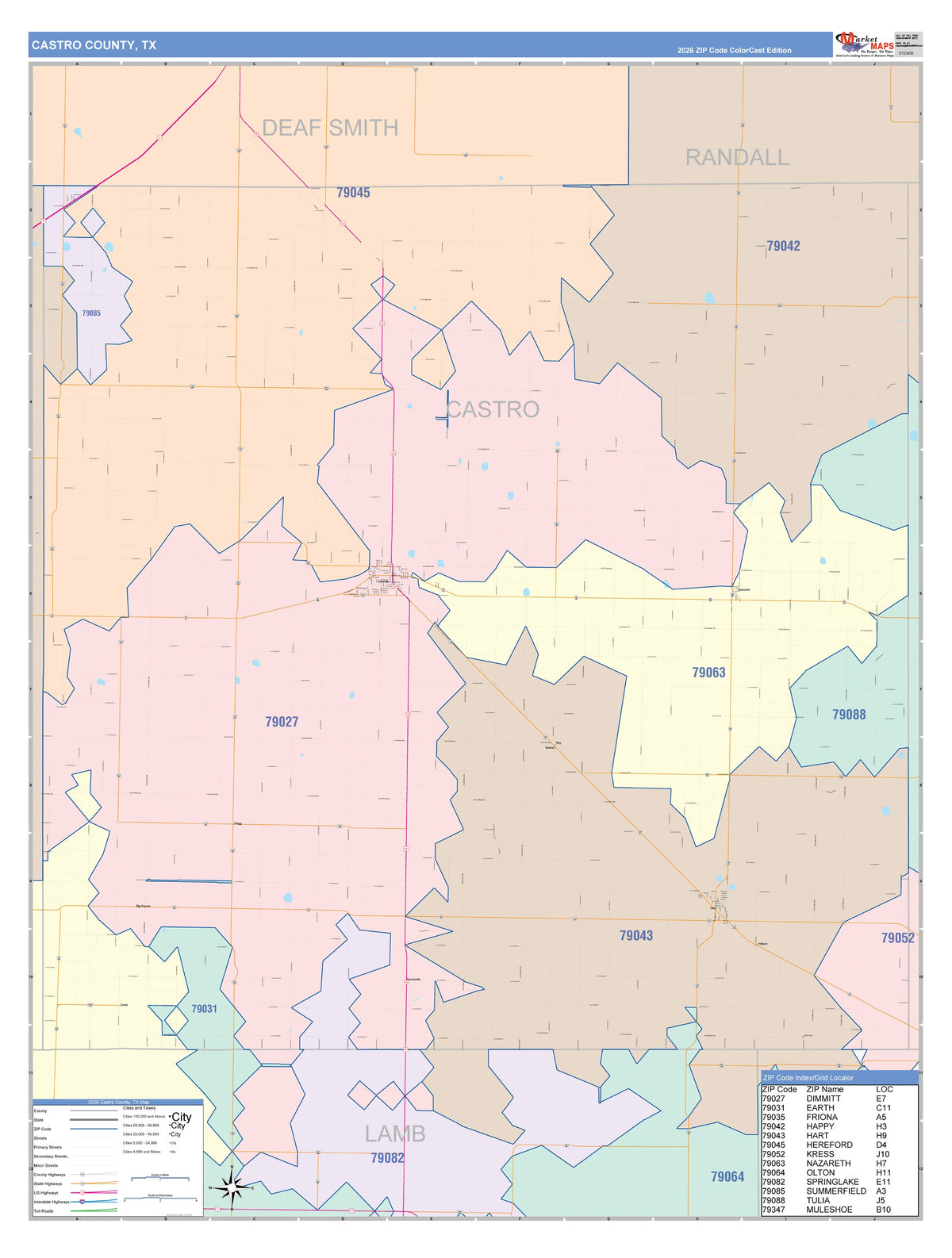 Castro County, TX Colorcast Style Wall Map