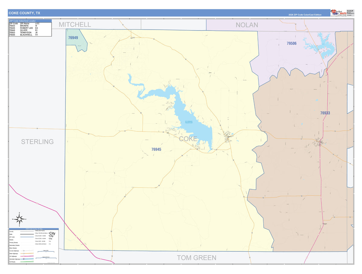 Coke County, TX Colorcast Style Wall Map