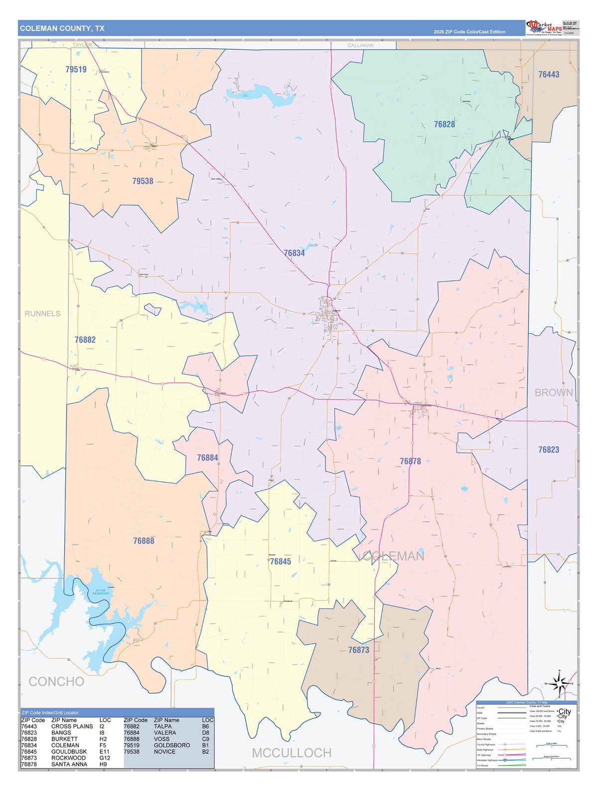 Coleman County, TX Colorcast Style Wall Map