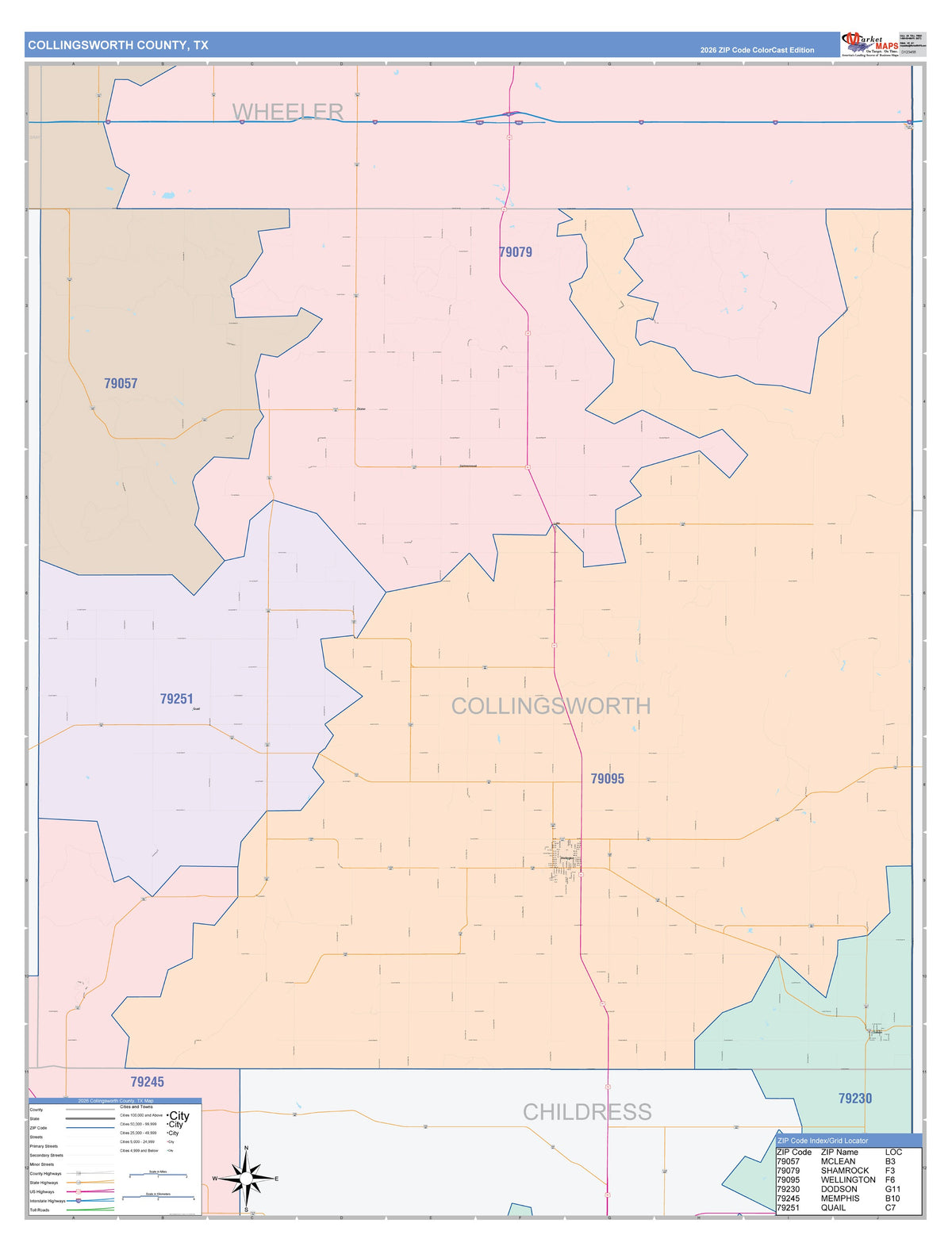 Collingsworth County, TX Colorcast Style Wall Map
