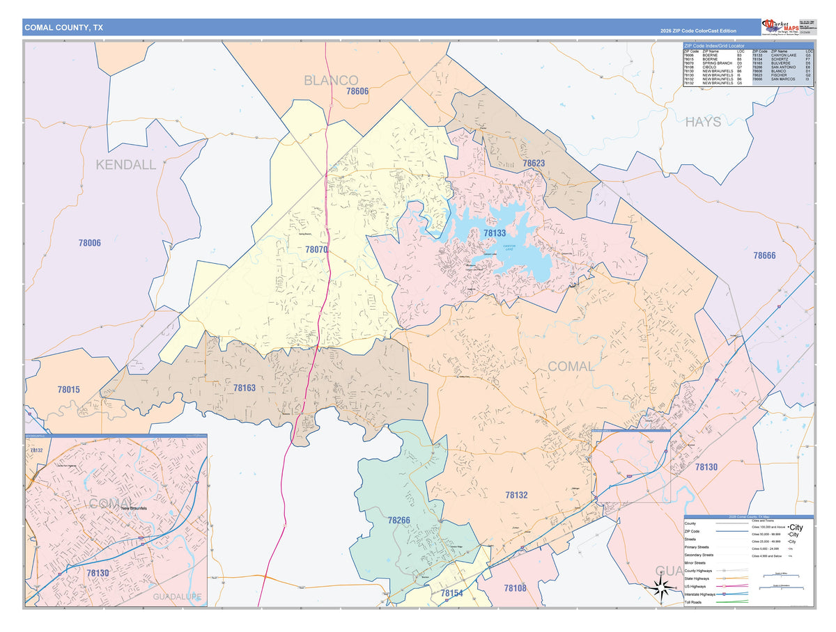 Comal County, TX Colorcast Style Wall Map
