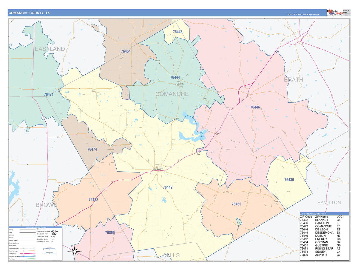 Comanche County, TX Colorcast Style Wall Map