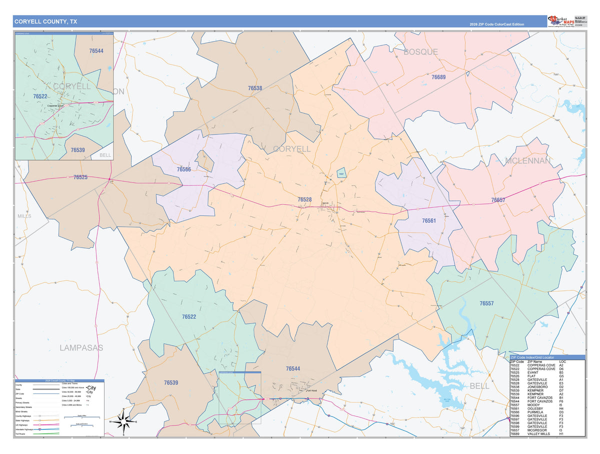 Coryell County, TX Colorcast Style Wall Map