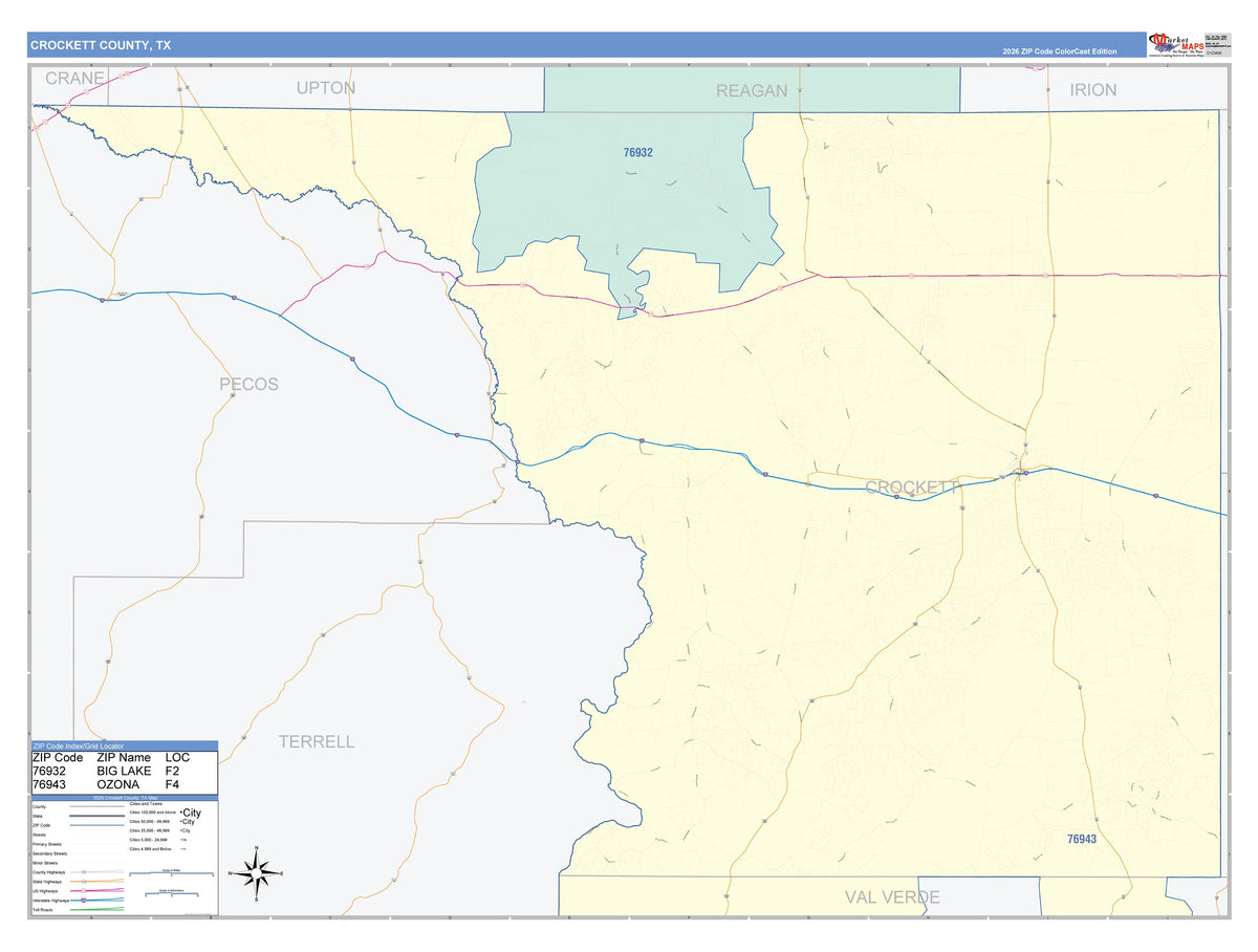 Crockett County, TX Colorcast Style Wall Map