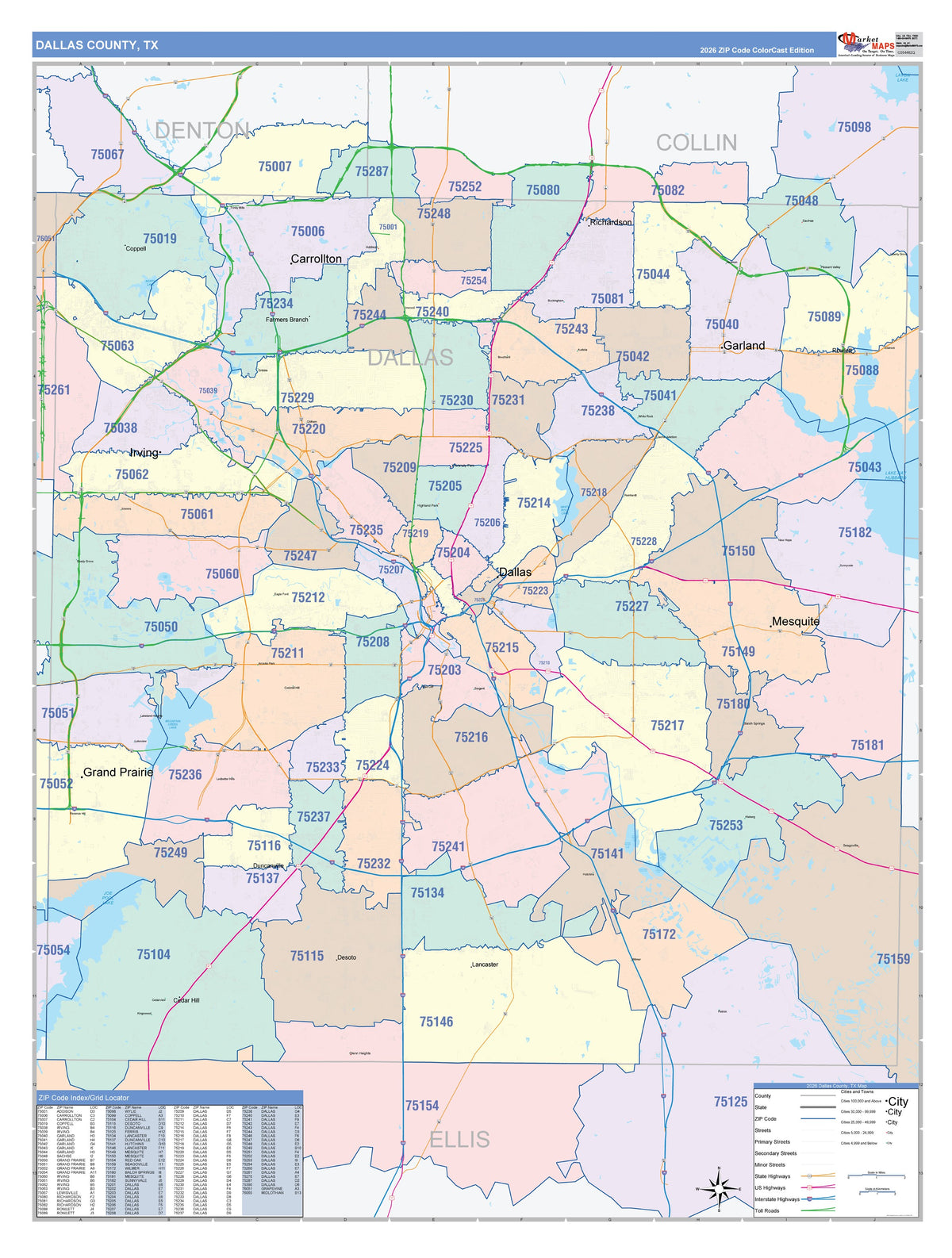 Dallas County, TX Colorcast Style Wall Map