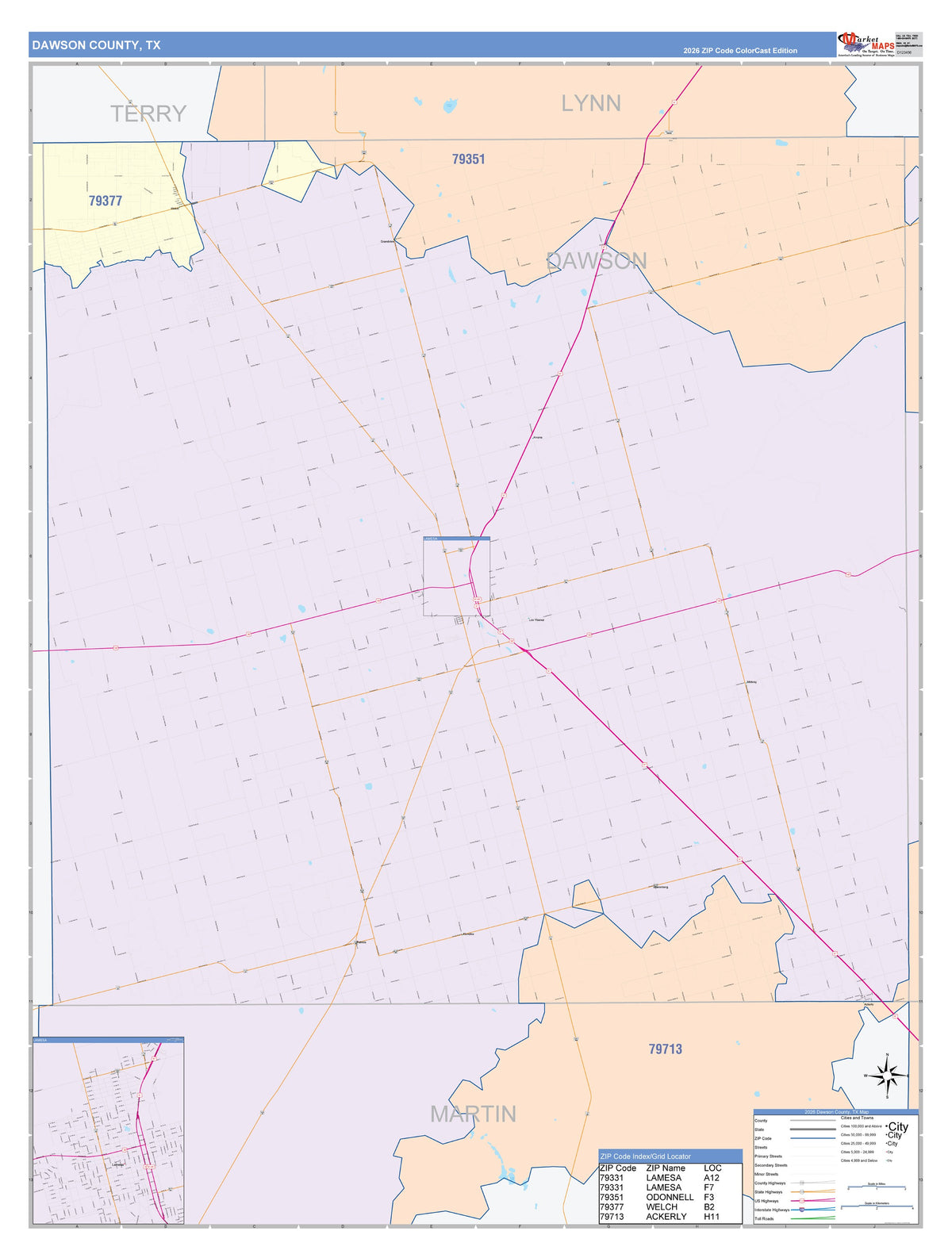 Dawson County, TX Colorcast Style Wall Map