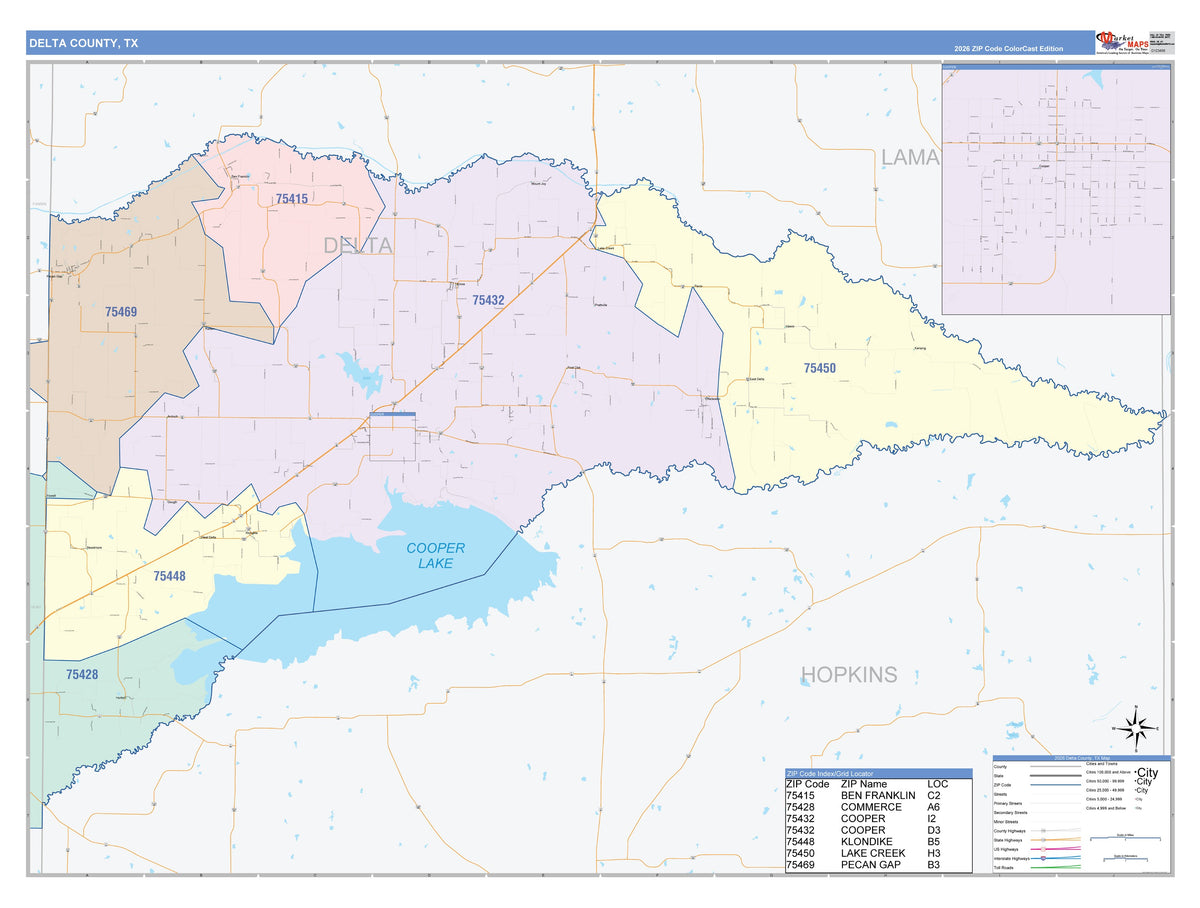 Delta County, TX Colorcast Style Wall Map