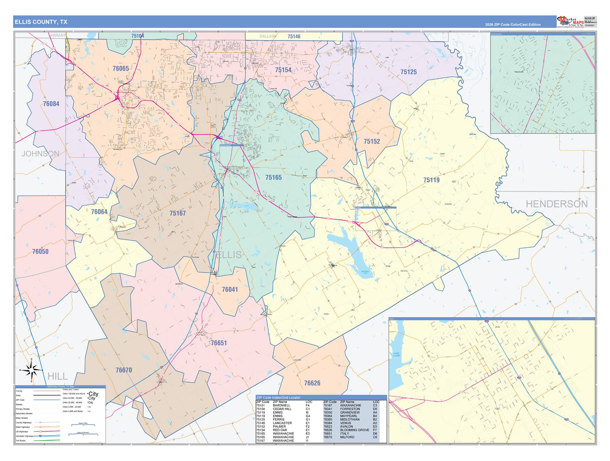 Ellis County, TX Colorcast Style Wall Map