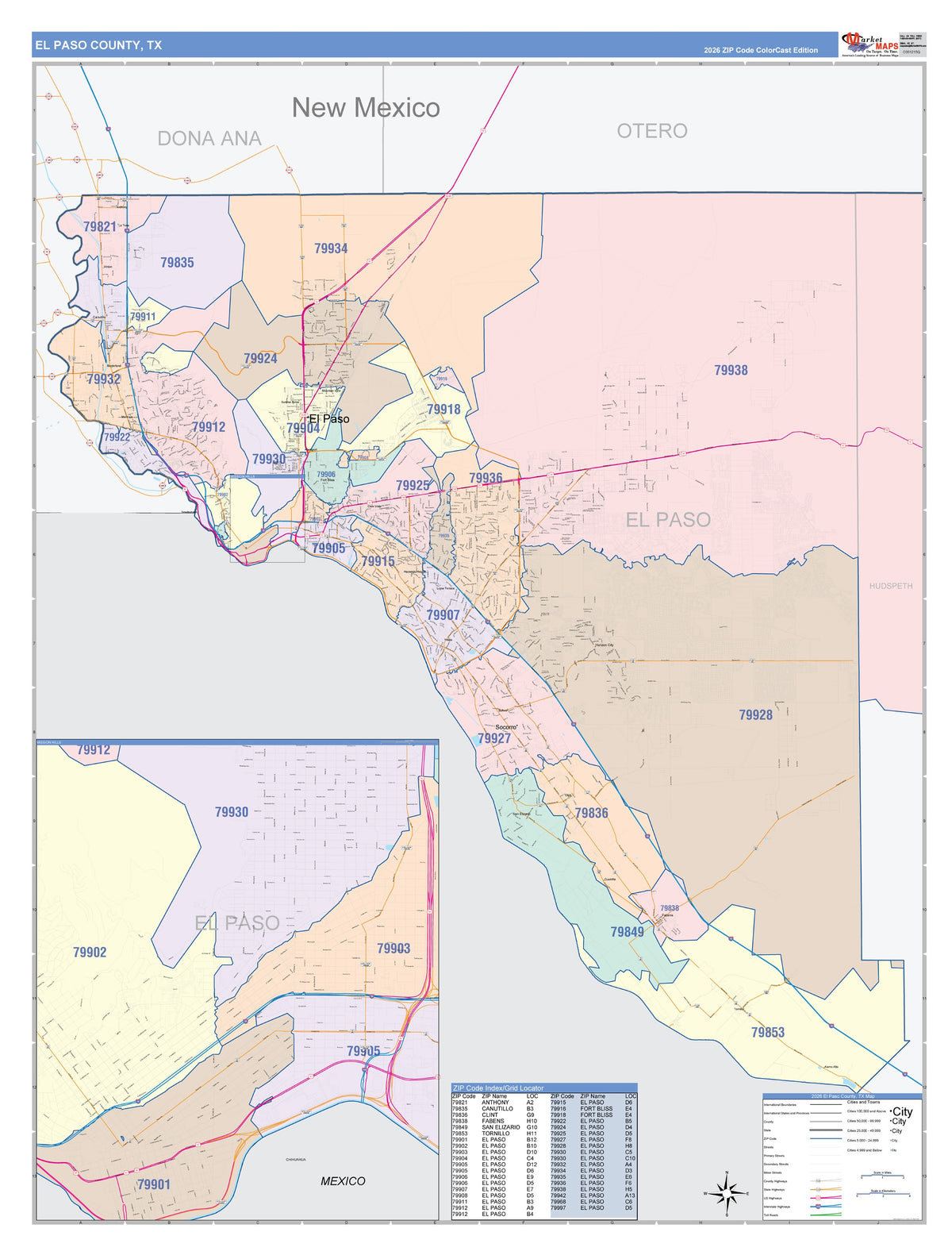 El Paso County, TX Colorcast Style Wall Map