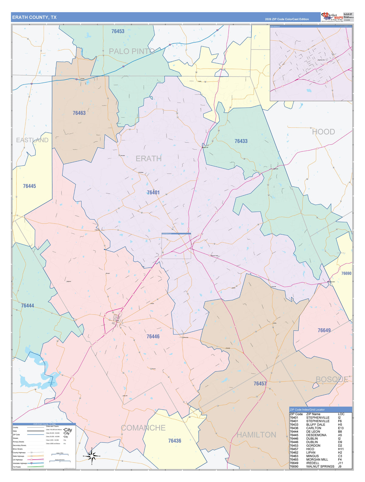 Erath County, TX Colorcast Style Wall Map