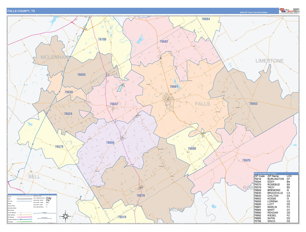 Falls County, TX Colorcast Style Wall Map