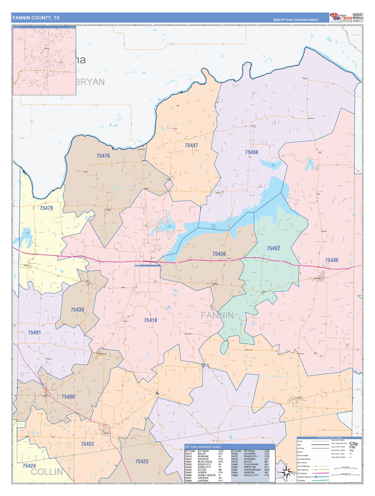 Fannin County, TX Colorcast Style Wall Map