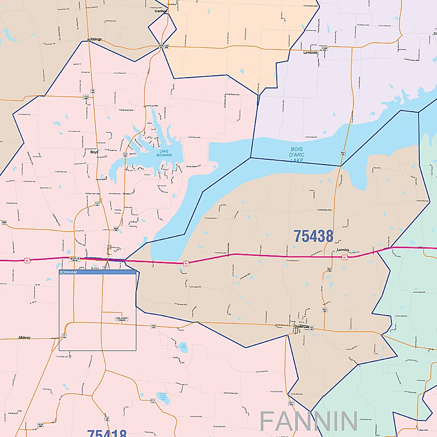 Fannin County, TX Colorcast Style Wall Map